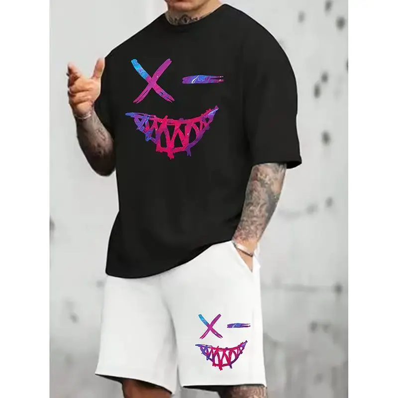 

Summer New Sports Short-sleeved Shorts Set Fashion Printed T-shirt Men's Shorts Pure Cotton Loose Sports Men Clothes