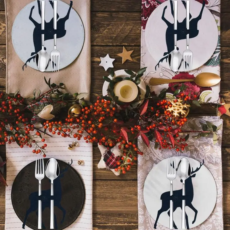 4 buah 3 warna pisau Natal dan pemegang garpu rusa alat makan saku tas alat makan kain tidak ditenun pengatur peralatan masak dekorasi meja