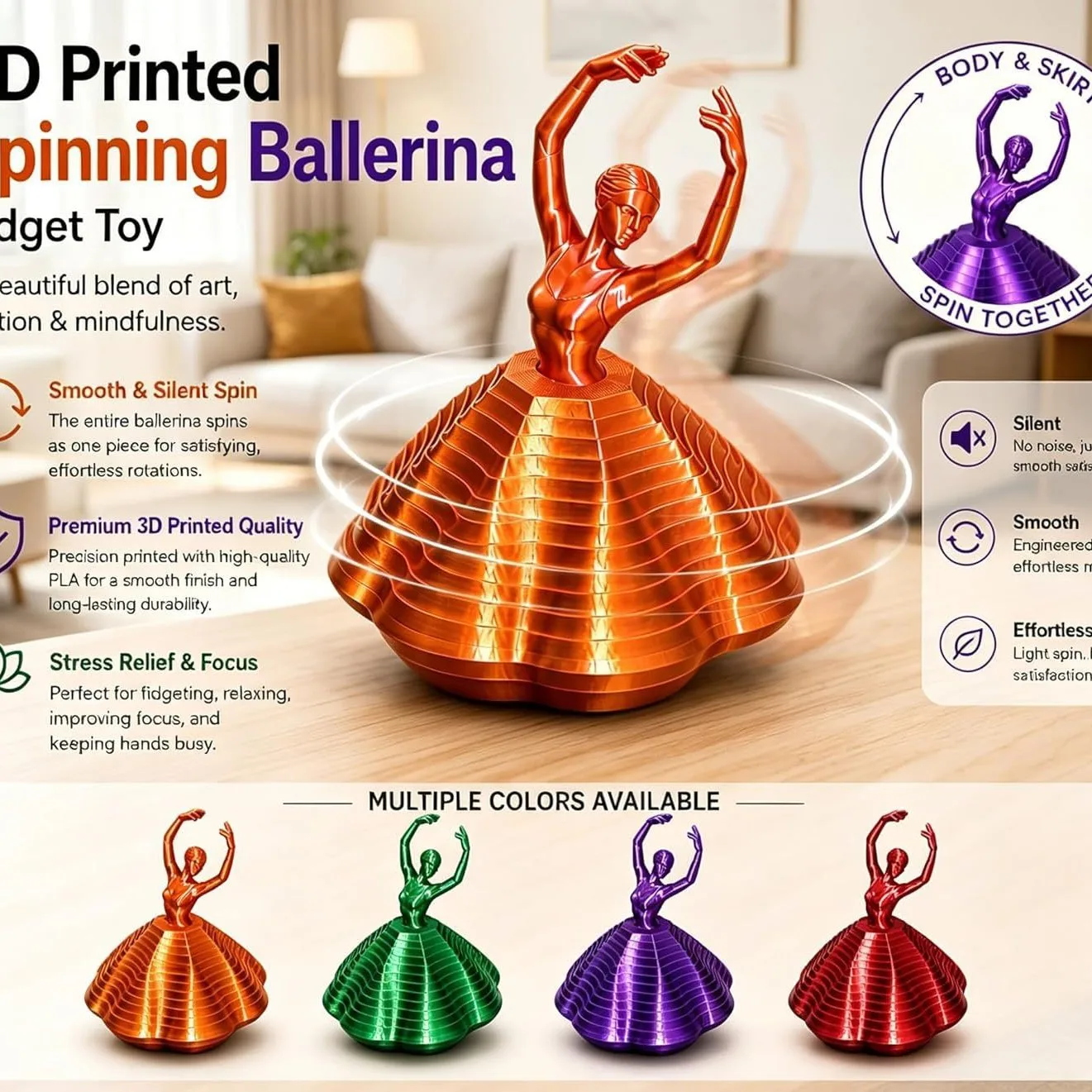 3D Printed Toy Carrot Tower Spinning Ballet Girl Creative Decompression Dancer Model Ballet Spinning Fidget Collection Gfits