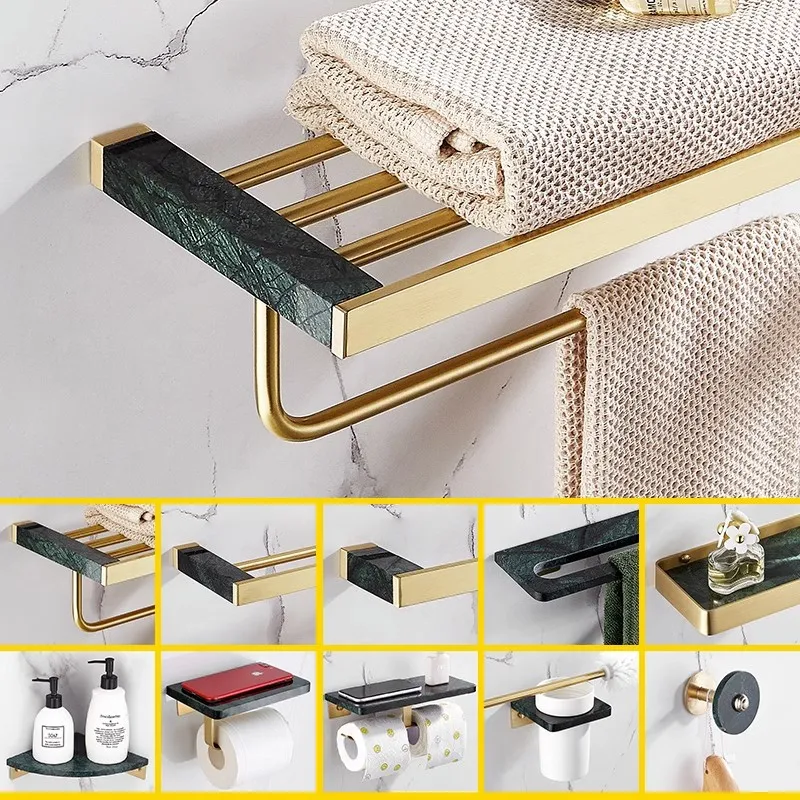 Nordic Luxury Bathroom Towel Holder Gold Brass Towel Rack Green Marble Pendant Set Storage Shelf Wash Basin Bath Cosmetic Rack