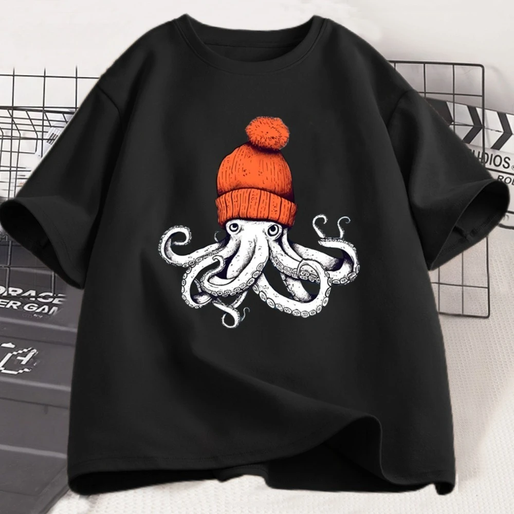 T-shirt décontracté à manches courtes et col rond, motif japonais, avec un pieuvre à chapeau orange, vêtements unisexes
