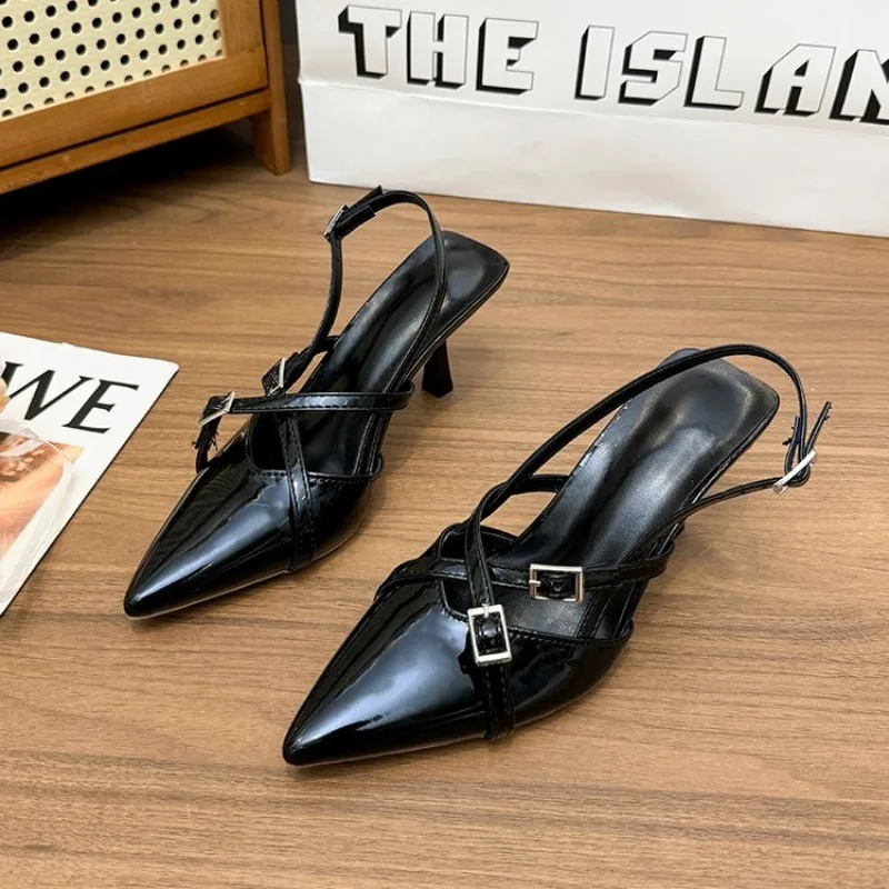 

Fashionable Pointed Toe Shallow Mouth New High-heeled Shoes Summer Elegant Buckle Decorated Stiletto Black Women's Shoes 41 42