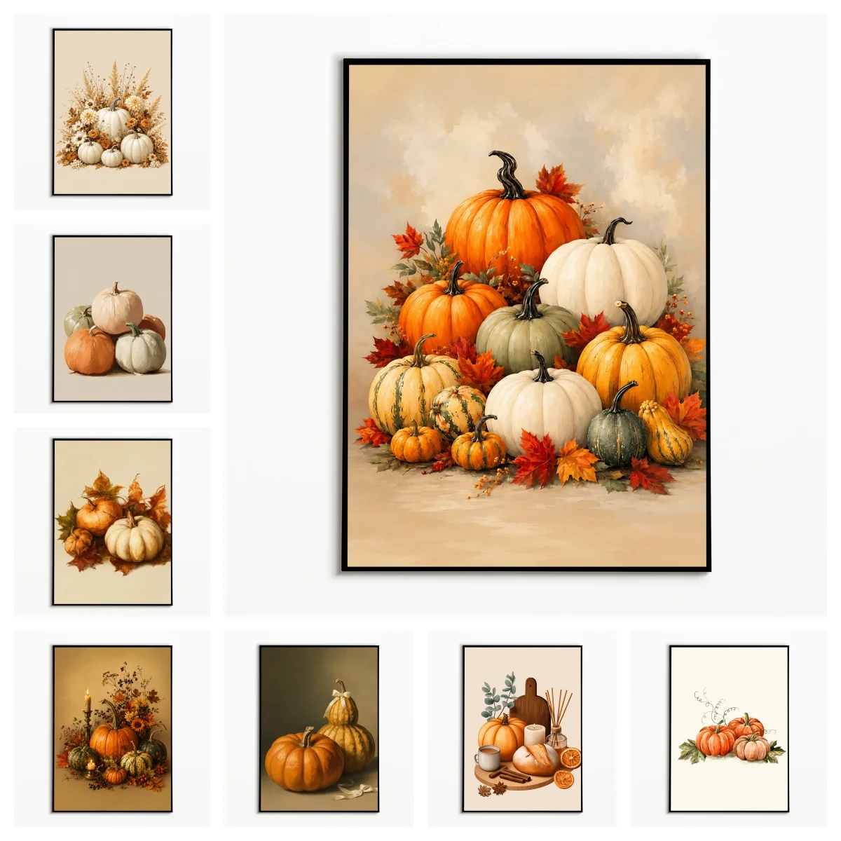 1PC Autumn Colorful Pumpkin and Maple Leaf Poster Thanksgiving Harvest Wall Art Retro Halloween Decor Canvas Printing Fall Gi