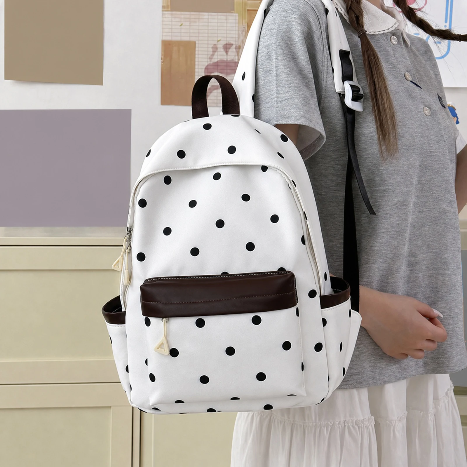 Polka Dot Aesthetic Preppy Backpack with Star Charm School Bag Kawaii Sweet Travel Casual Daypack for Teens Girls Students