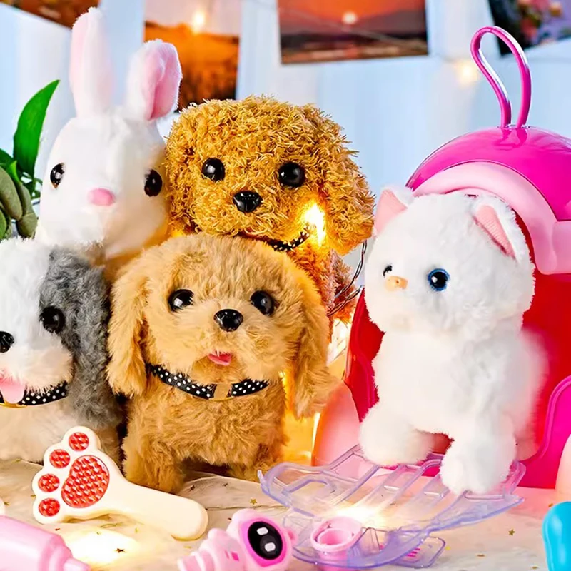 Simulation Plush Toys Play House Set Electric Cartoon Dog Cat Rabbit Pet Care Interactive Doll Educational Toy for Children