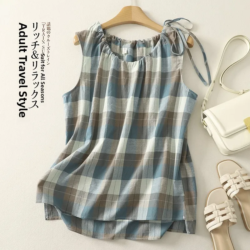 

Slimming Plaid Color Woven Summer Thin Vest irt Women's Belted Loose ort Top Cotton Polyester Blend Sweet Sle