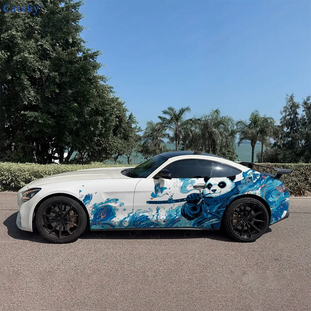 2pcs Wave Ink Wash Panda Vibe, Durable, Fade-resistant, Enhance Vehicle Aesthetics With Bold Artistic Design Car Vinyl Wrap