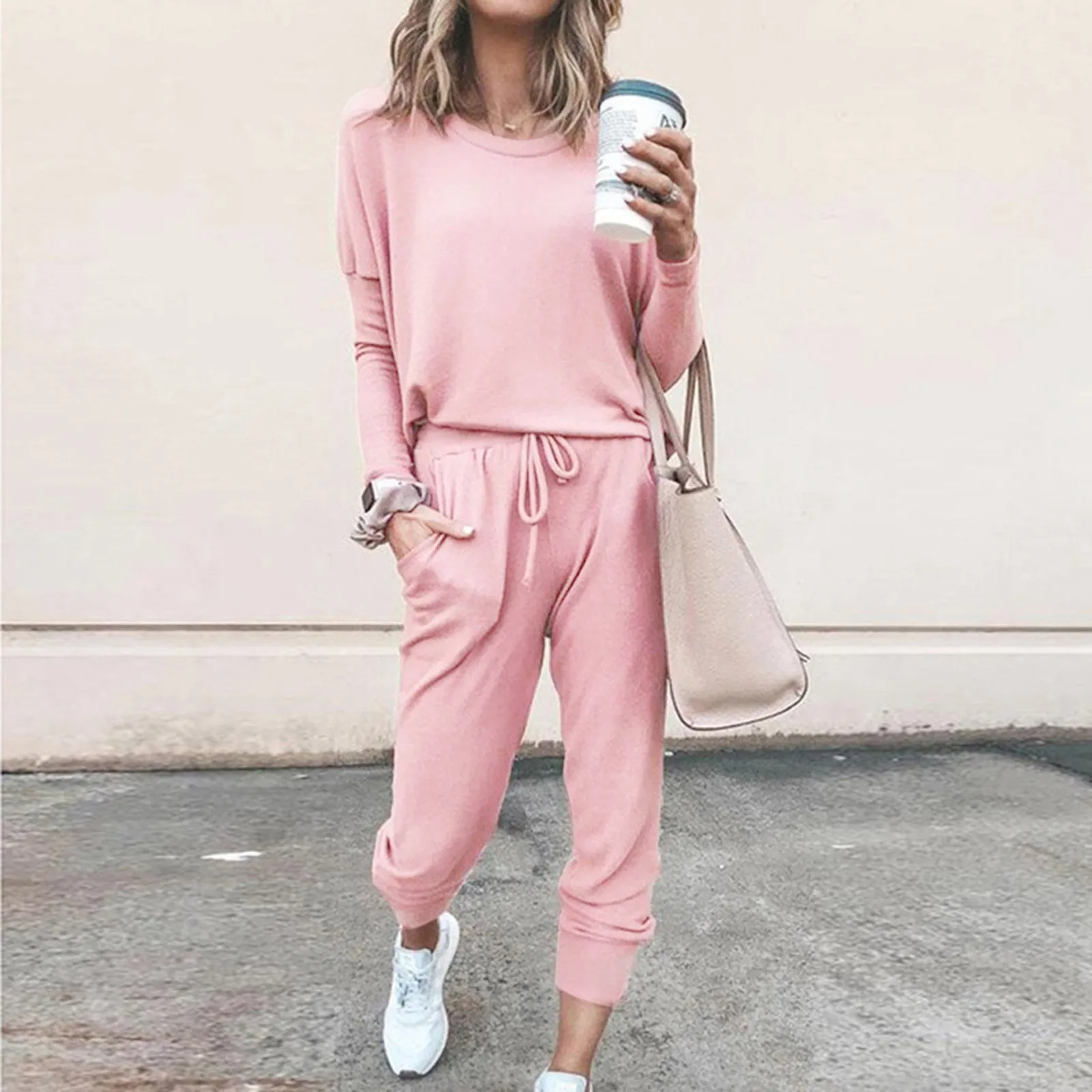 Fashion Spring And Autumn New Big Pocket Solid Color Drawstring Cap Corset Casual Two-Piece Sweater Sweatshirts Tracksuit Sets