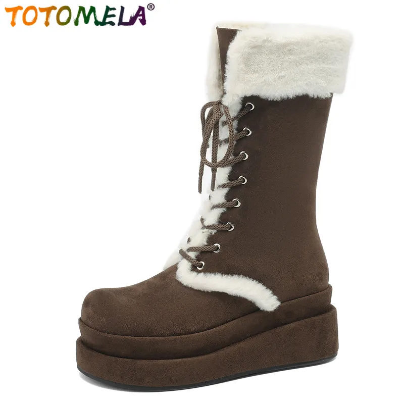 

TOTOMELA Size 34-42 Faux Suede Snow Boots Women Lace Up Platform Ankle Boots Thick Fur Warm Winter Booties Ladies Shoes