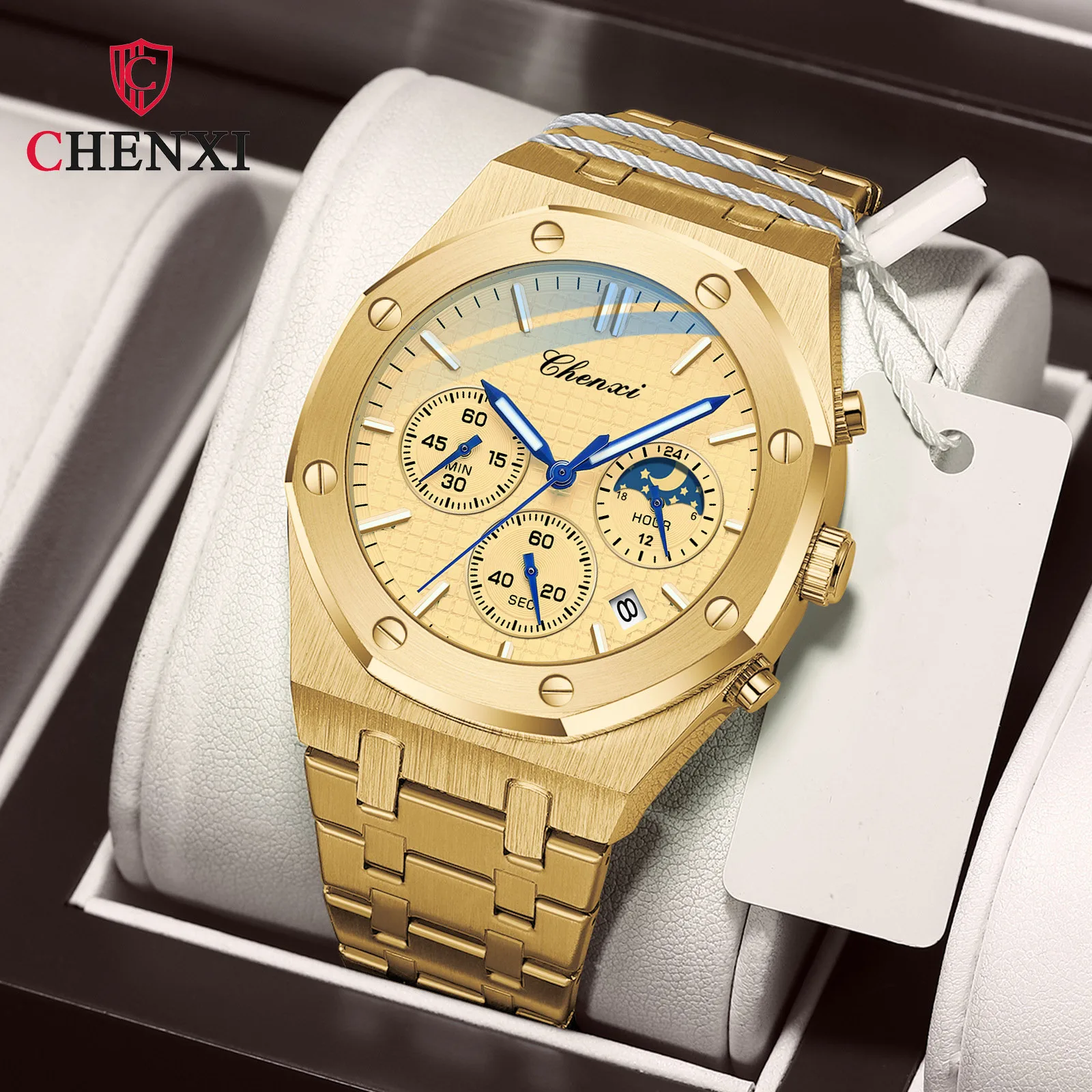 Luxury Gold Watches for Men Royal Stainless Steel Waterproof Chronograph Golden Business Casual Male Quartz Wristwatch Top Brand