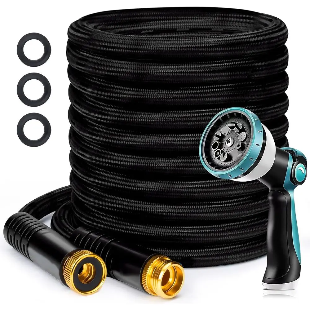 50ft Non-Expandable Lightweight Water Hose, 360 Swivel Connections, 10-Spray Nozzle for Yard, Lawn, Outdoor