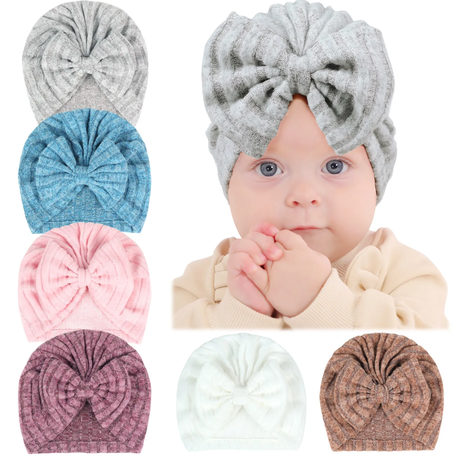 Solid Textured Knitted Turban Baby Hats Bow Topknot Caps for Newborn Boy Girl Toddler Hospital Headwraps Kids Hair Accessories