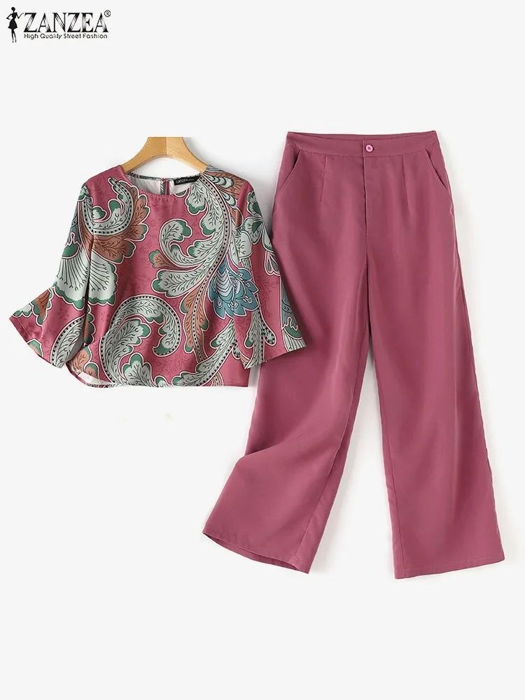 Summer Vintage Floral Printed Blouse Wide Leg Pants Sets ZANZEA 2PCS Bohemian Trousers Suits Casual Holiday Work Tracksuit 2024