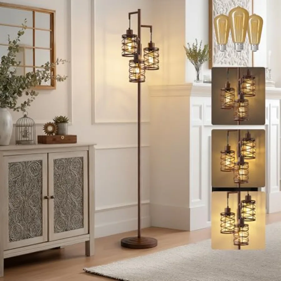 

70" Farmhouse Dimmable Floor Lamp, Industrial Metal Cage Standing Lamp with 3 LED Bulbs, Stepless Dimming Tall Tree Lamp for Li