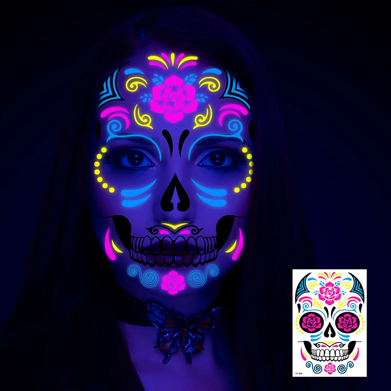 Waterproof Fluorescent Temporary Tattoo Halloween Stickers Day of the Dead Party Festival Night Bar Face Stickers False Tattoo