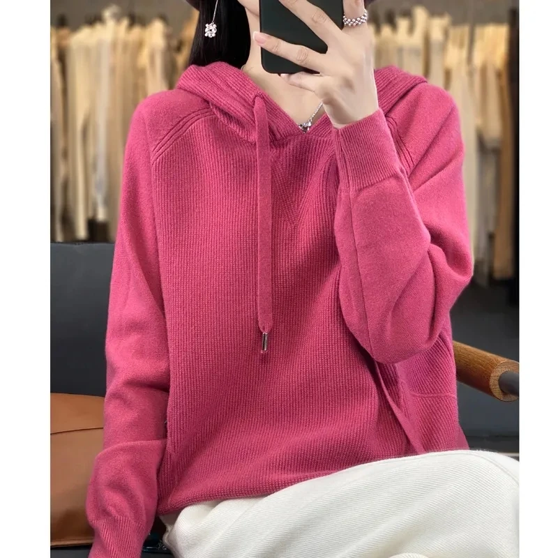 Korean Hoodies Cashmere Sweater 2024 New Spring Autumn Loose Solid Women\'s Hooded Knitted Pullover Women Casual Knitwear Tops