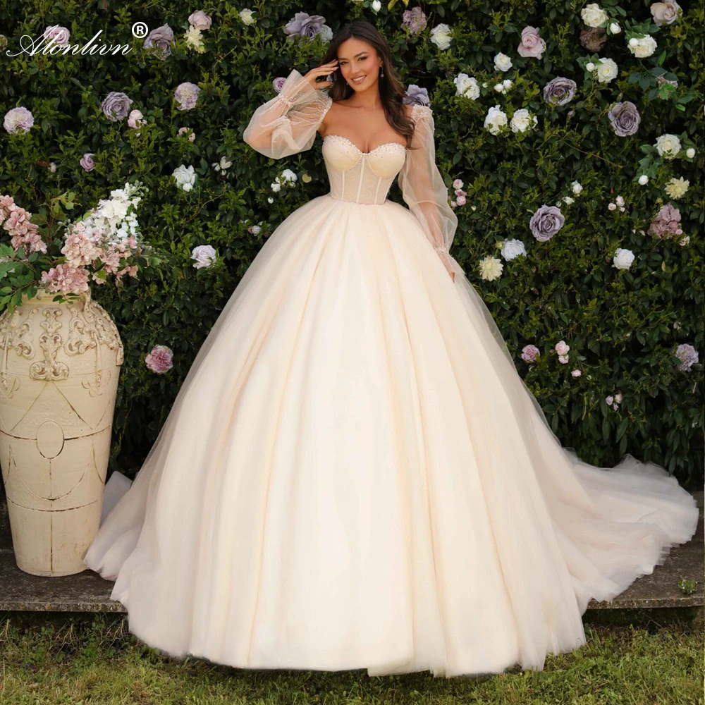 Alonlivn Eleganza Sweetheart Ball Gown Abiti da sposa Perline Perle con spalle scoperte Maniche Gonne da sposa