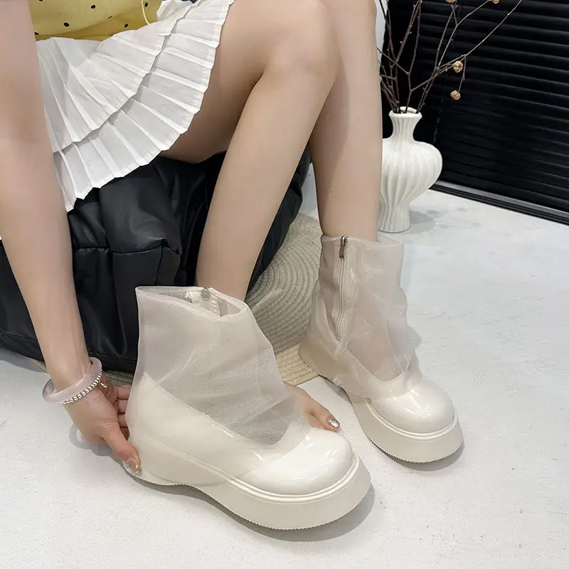 

Summer Sweet Boots Women Black Mesh Breathable Ankle Boots for Women Lightweight Flat Outdoors Girls Fashion Pleated Boots