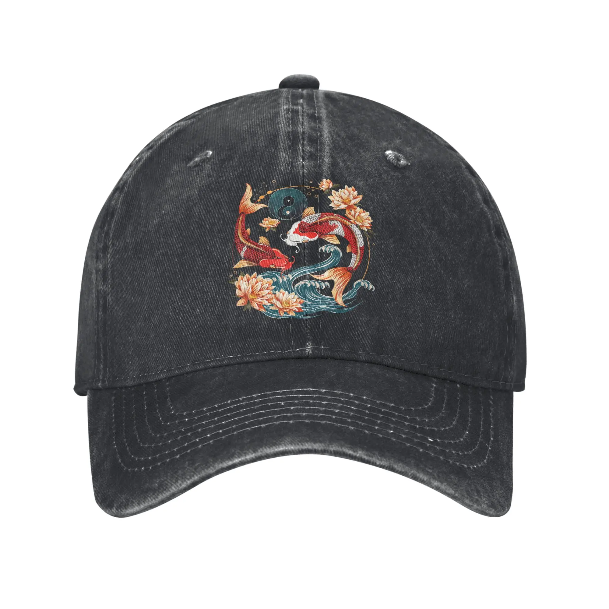 Japanese Koi Fish Lotus Flowers Baseball Caps Vintage Distressed Cotton  Sun Cap Unisex Outdoor Workouts Adjustable Fit Hats Cap