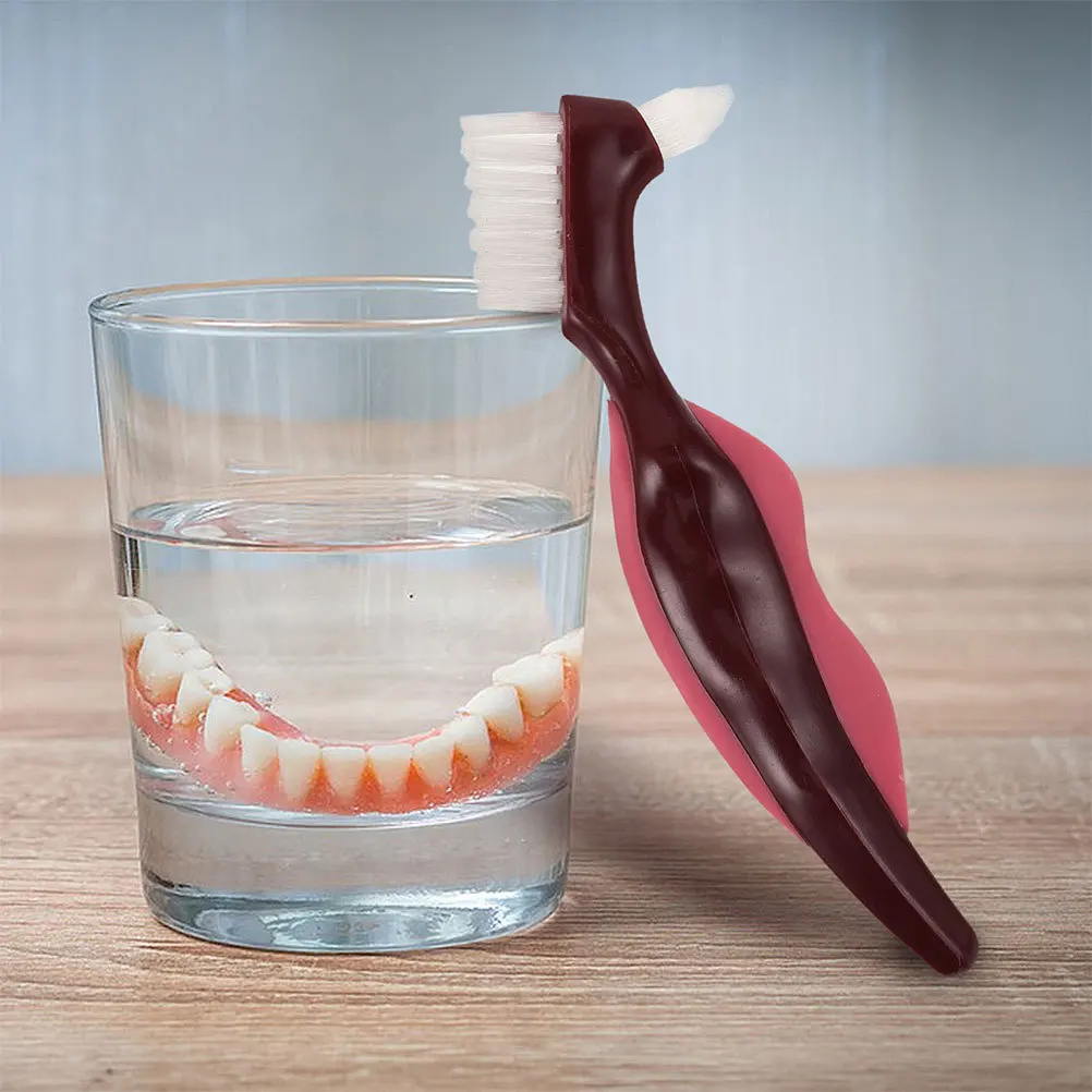 4 قطعة فرشاة تنظيف أسنان مزدوجة الرأس شعيرات صلبة مكافحة زلة مقبض المحمولة المسنين أداة العناية بالفم صيانة الأسنان كاذبة #2