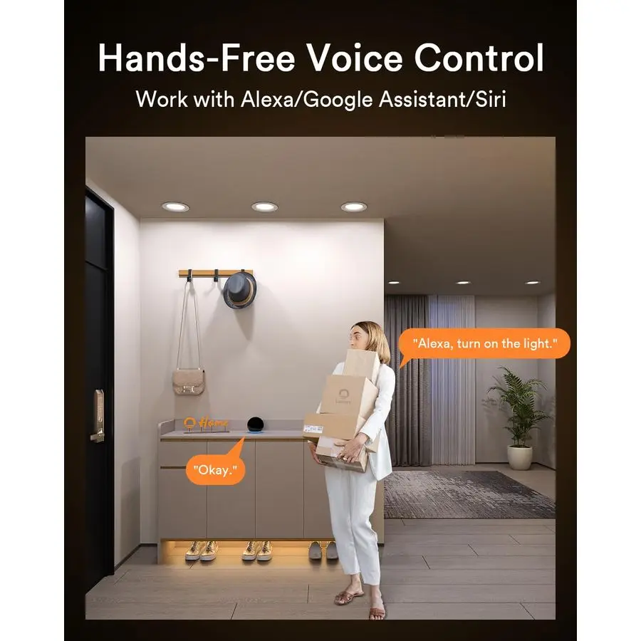 إضاءة LED ذكية تعمل بالواي فاي مقاس 6 بوصات مع جهاز تحكم عن بعد، مصابيح سقف RGBWW Canless مع حواف معدنية مضادة للوهج JBox، متوافقة