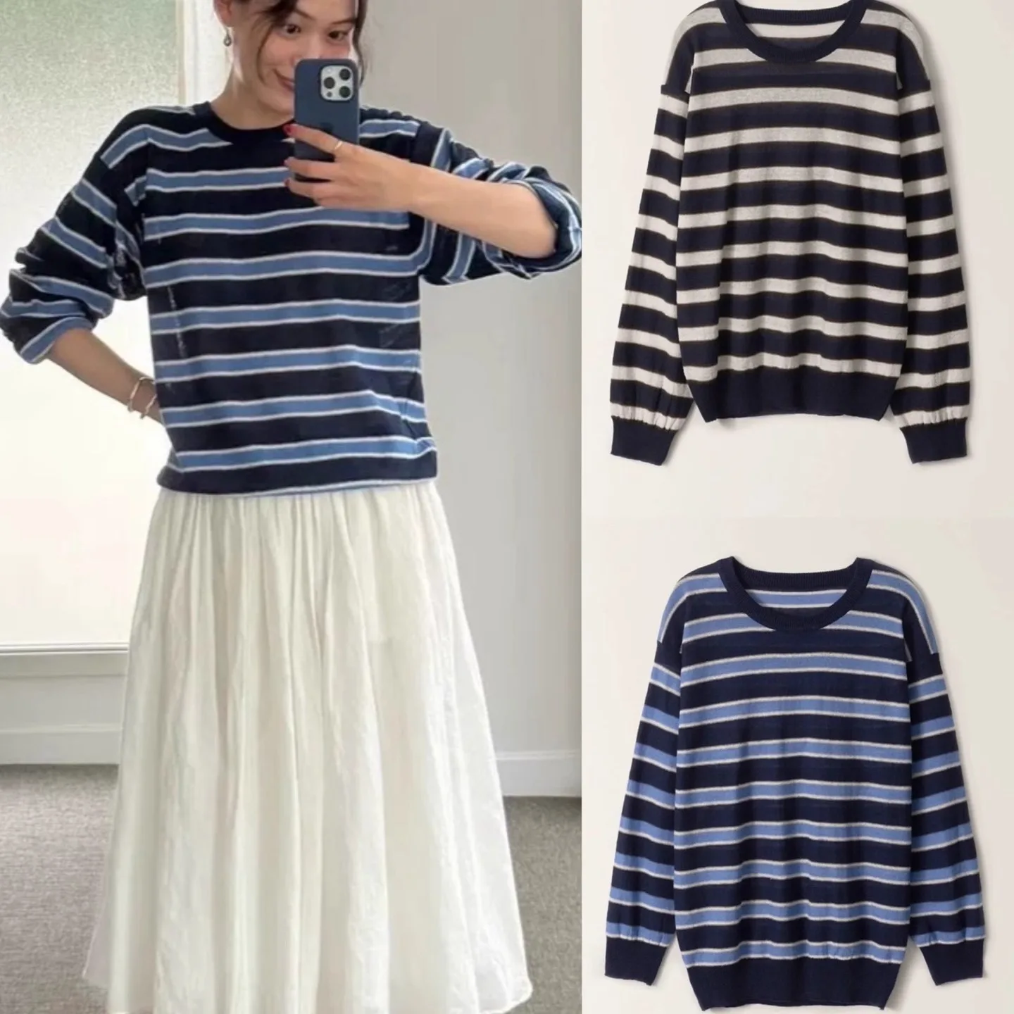 

2025 Autumn New round Ne Striped Long Sve Knitted Sweater Women's Premium Faion East Gate Noting Written Knitwear