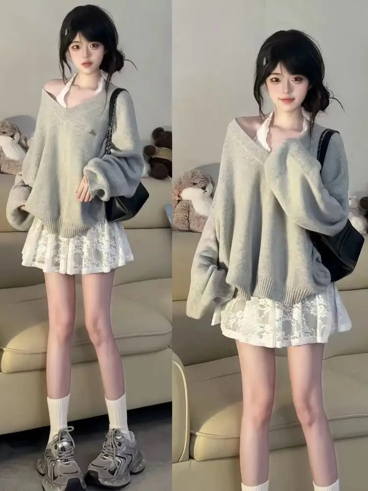 

Japan Suit For Women In Autumn Korean Style Sweet Long-Sleeved V-Neck Knitted Sweater With Halterneck Lace Skirt Two-Piece Set