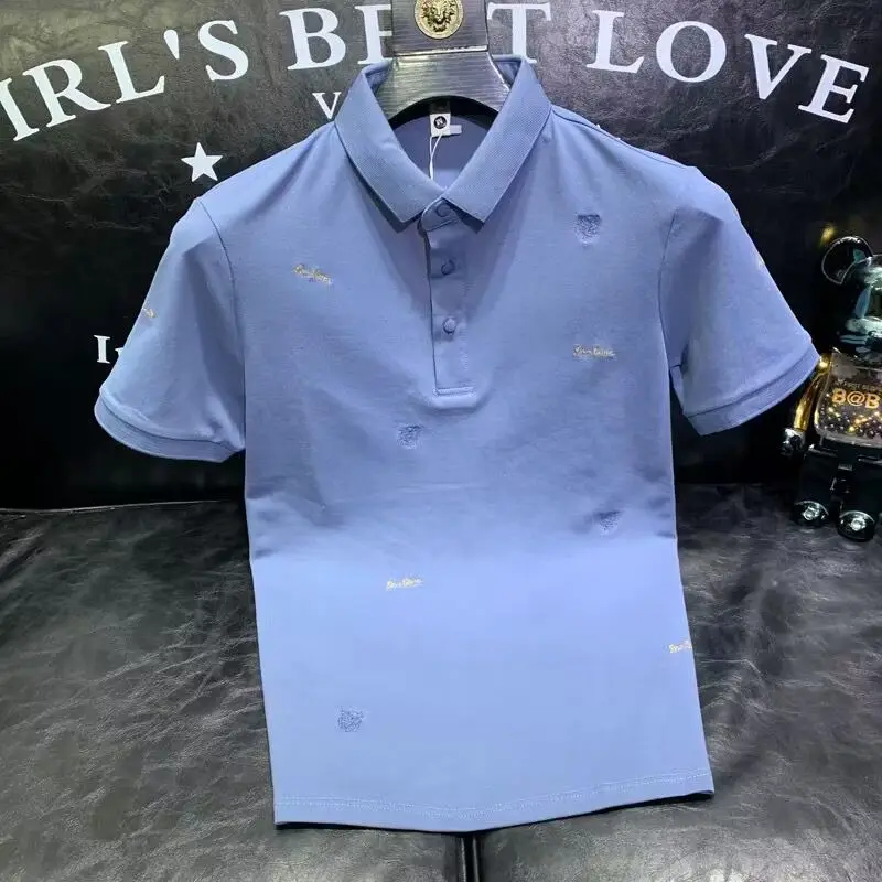 Business Leisure Fashion Slim Fit Summer Men's 2024 Spliced Polo Shirt Button Embroidery Solid Color Short Sleeved T-shirt Tops