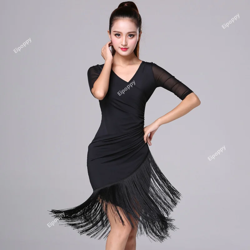 Women Sexy Mid Long Sleeve Printing Latin Dance Training Tassel Clothing Ballroom Dress Tango Modern Rumba Performance Dancewear