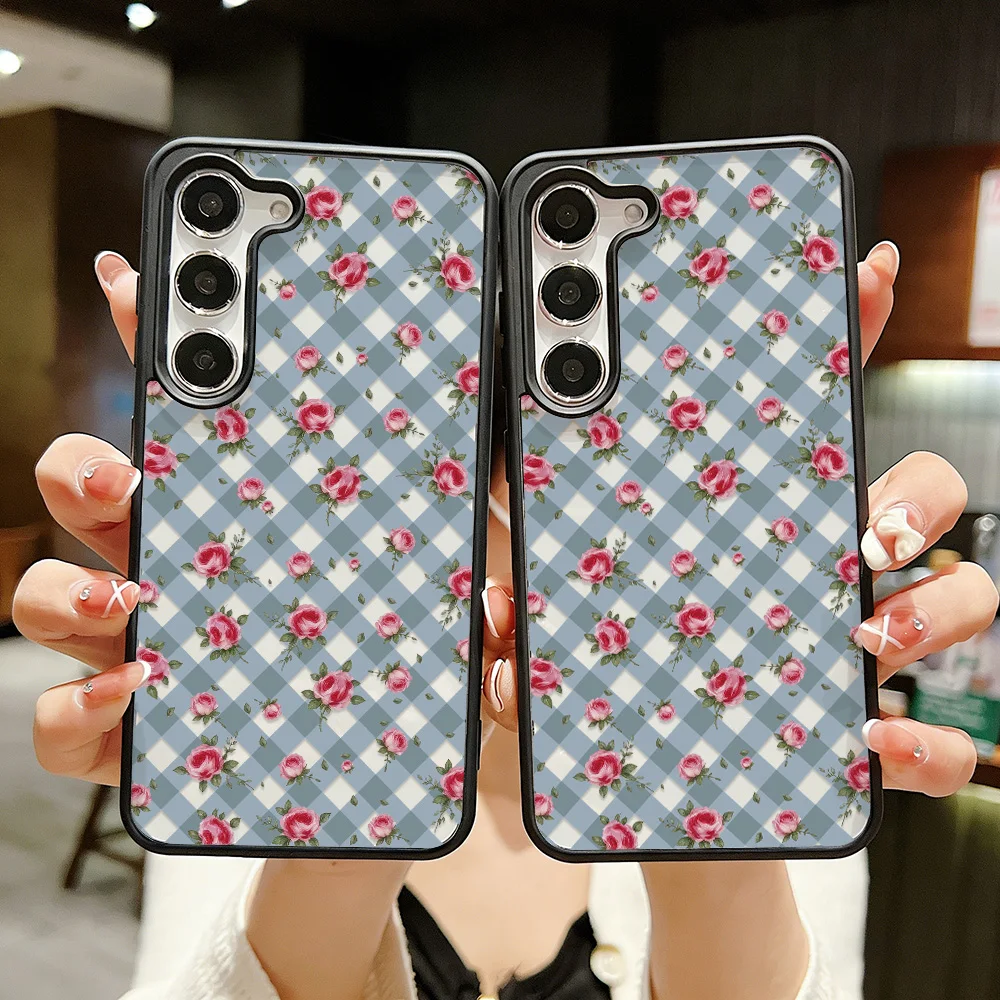 Cottagecore Rose Gingham Phone Case For Samsung Galaxy S26 S25 S24 S23 Ultra A57 A56 A26 A05 A34 A14 5G Cases for S24 FE A06 A13