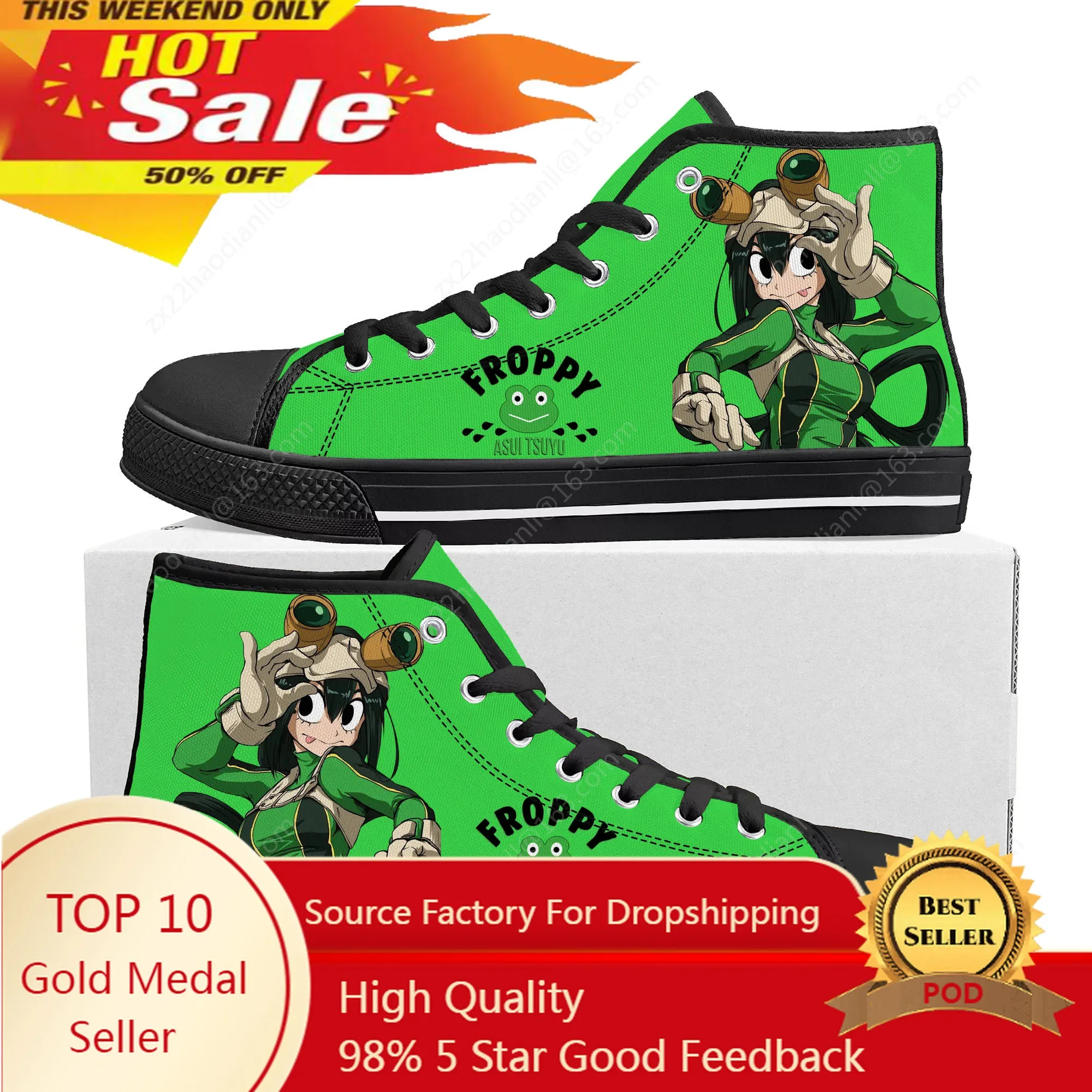 

Hot Anime Asui Tsuyu My Hero Academia High Top Sneakers Men Women Teenager High Quality Canvas Sneaker Couple Shoes Custom Shoe