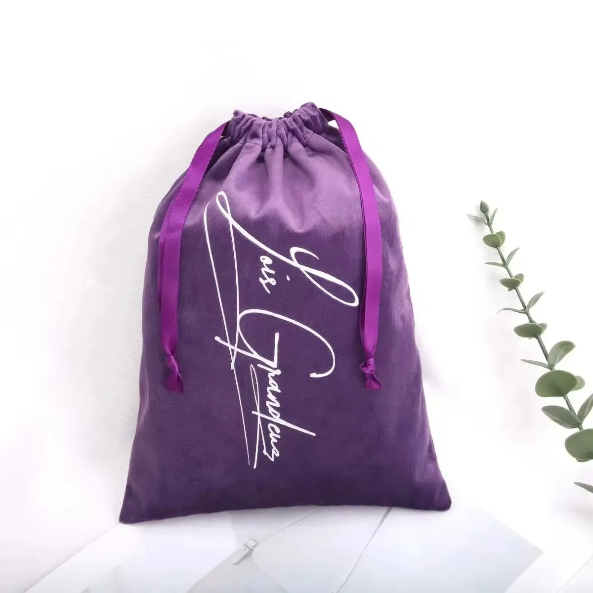 Custom Logo Printing Purple Velvet Shoe Hair Dryer Packaging Dust Bag Luxury Soft Drawstring Flannel Gif Storage Pouch