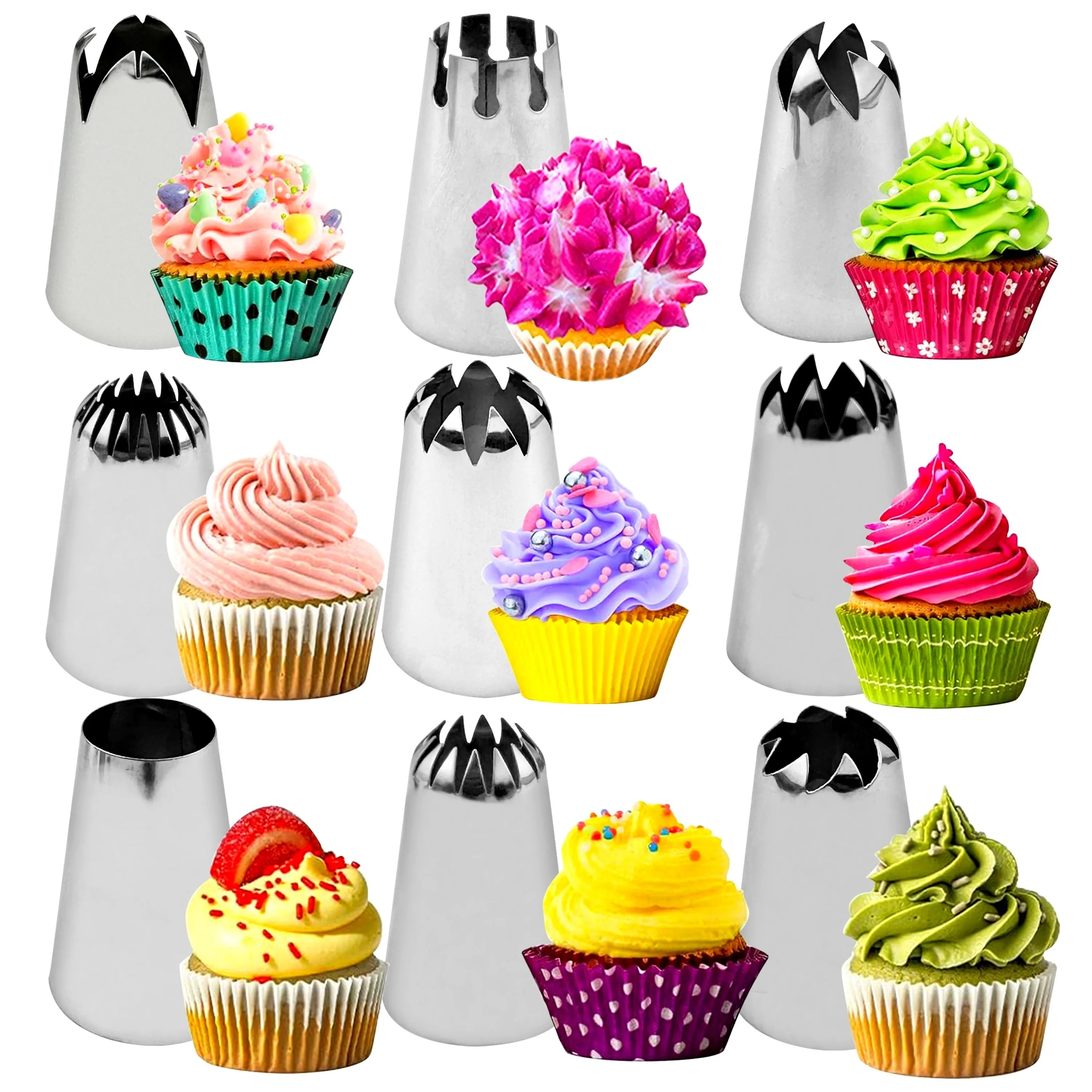 9pcs Essential Piping Tips Set,Stainless Steel Macaron Piping Nozzles,Cake and Cookie Decorating Tube Kit,Large Cream Icing Tip