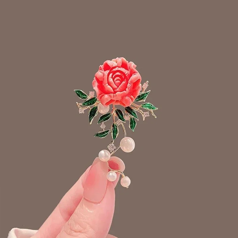 1PC New Luxury Temperament Pearls Vintage Pink Peony Flower Brooch Accessories High-end Brooches Pins For Women