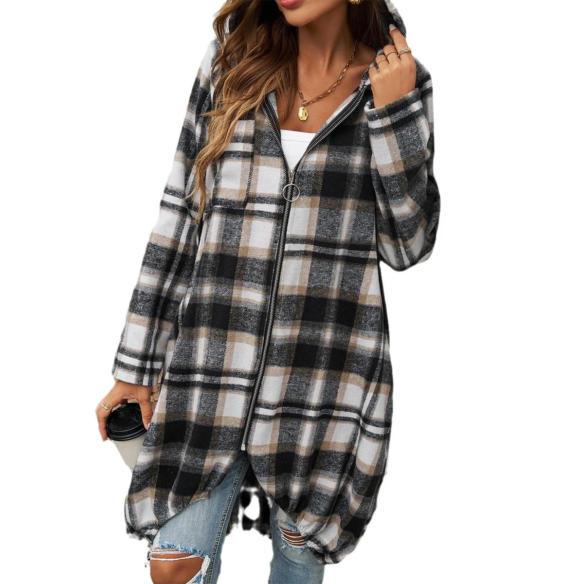 High Quality Hot Selling 2025 Women's Casual Loose Plaid Contrasting Zipper Hooded Jacket Wholesale Wool Blends Coats Tweed Y2k