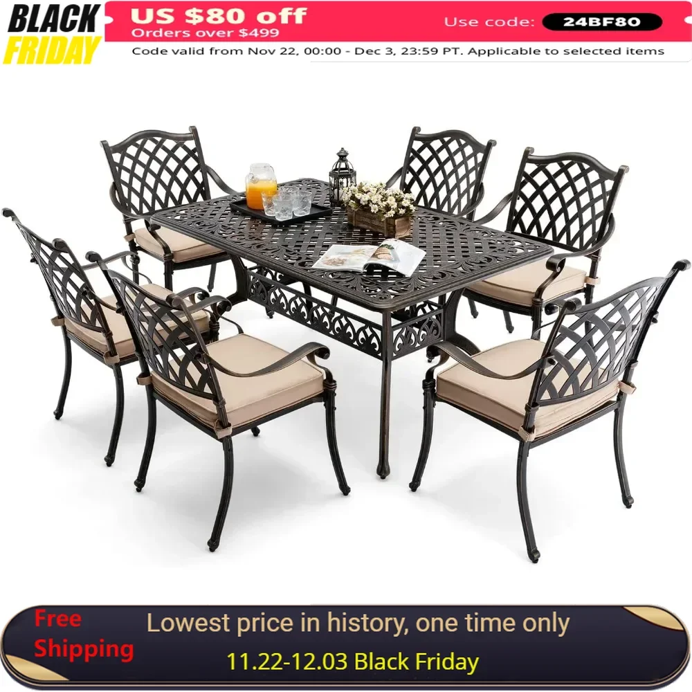 

Outdoor Dining Set ,Rectangular Table and 6 Chairs with Thicker Cushion and Umbrella Hole ,Cast Aluminum Retro Patio Dining Set