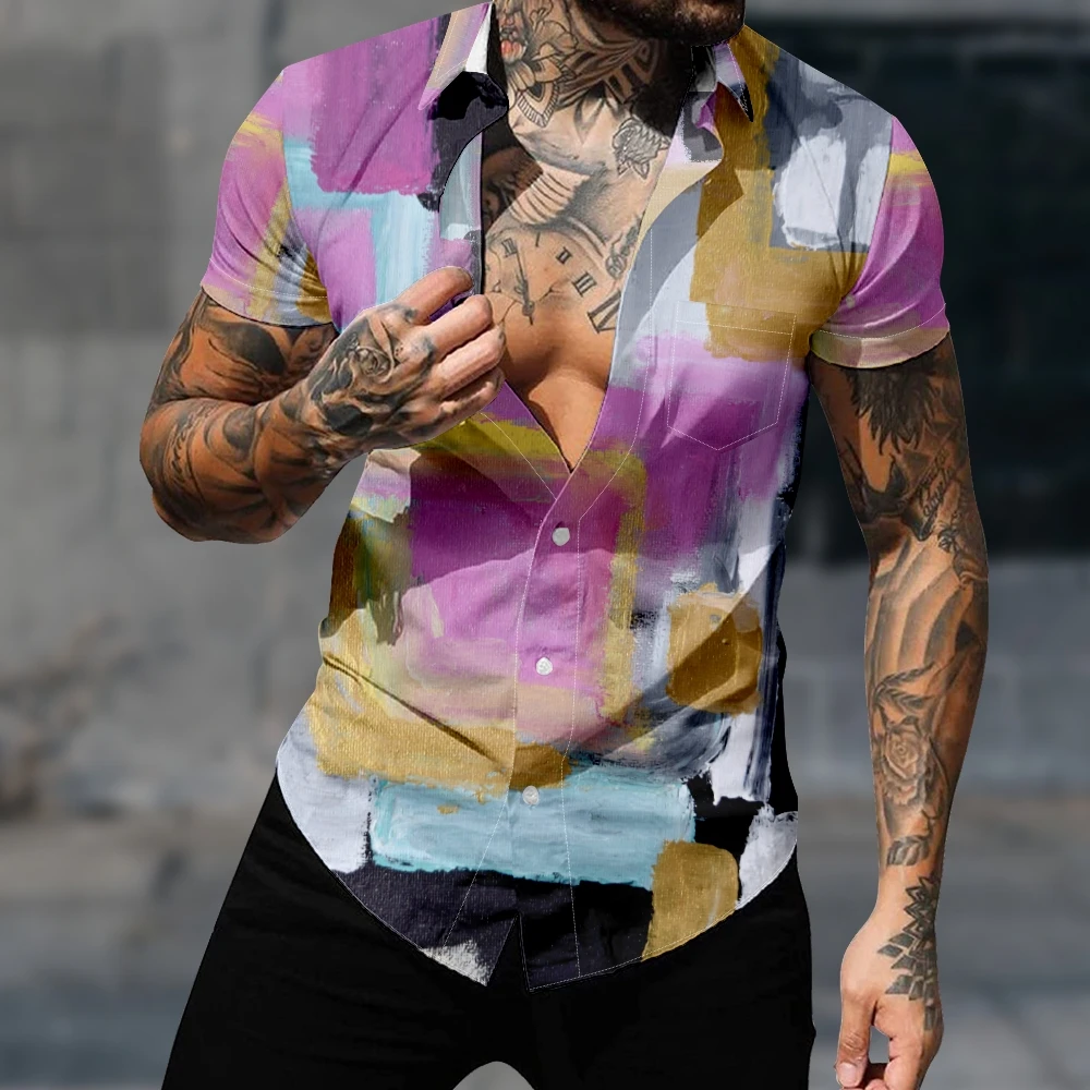 

Casual Hawaiian Shirt For Men's Fashion Color block Stitching 3D Print Cozy Short Sleeve Beach Streetwear Harajuku Clothes