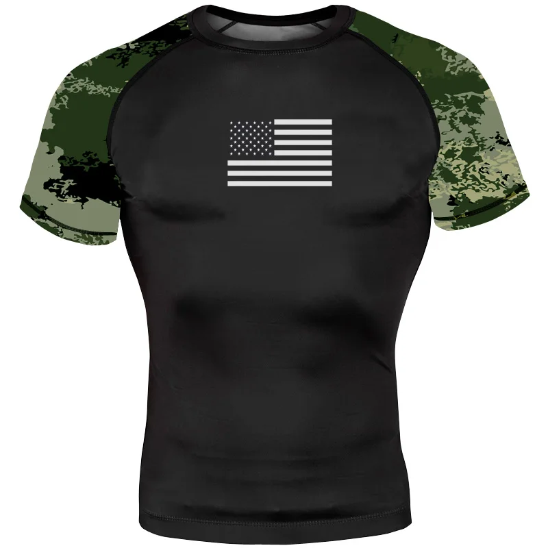 Men's T-Shirt Muay Thai Bjj Rashguard American Flag Short Sleeve Compression Shirts Training Jiu Jitsu Sports Fitness Boxing Top