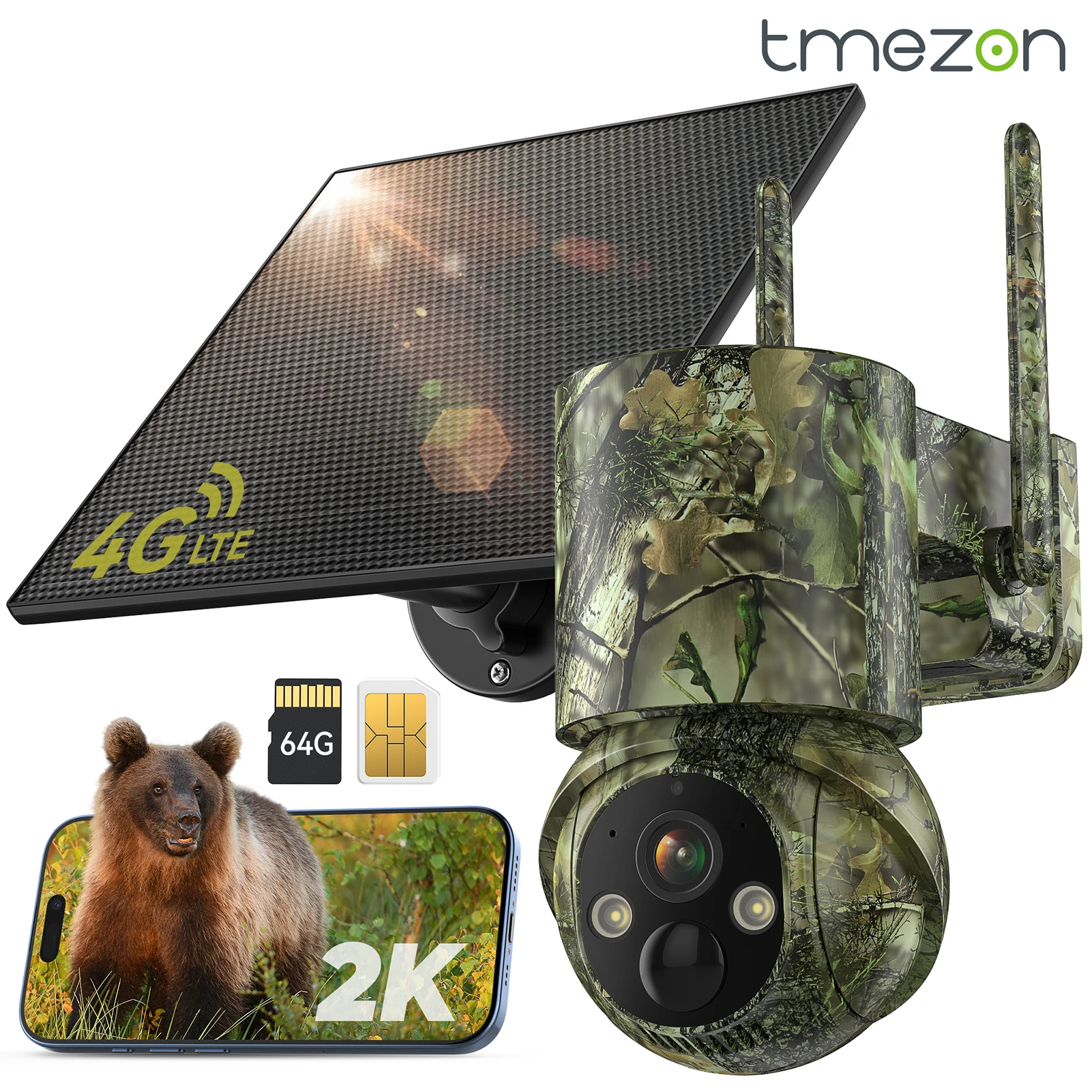 TMEZON 4G LTE Wildlife Camera - 2.7K Solar Powered Hunting Trail Camera with SIM Card Photo Trap with PIR Motion Sensor Night Vision