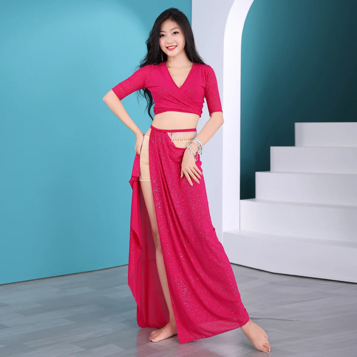 

Belly dance costume women's long skirt performance costume set fairy spring and summer practice dress beginner sexy 272+3112