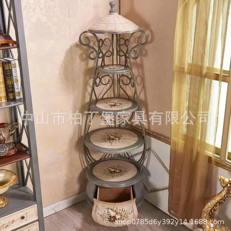 A13 Retro Painted Flower Stand, Living Room Shelf, Balcony Floor-to-ceiling Multi-layer Decorative Frame, Indoor Round Flower