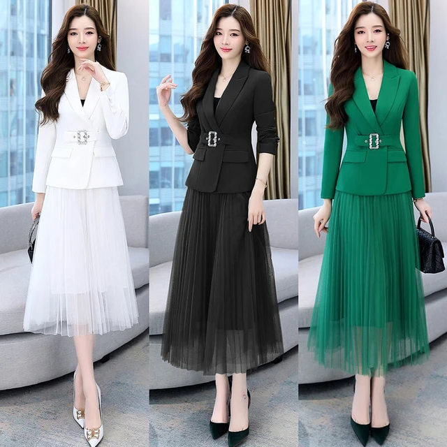 France Elegant Professional Wear 2022 Spring Autumn New Suit Jacket Mesh Skirt Two piece Female Casual Coat Midi Skirts Set AliExpress