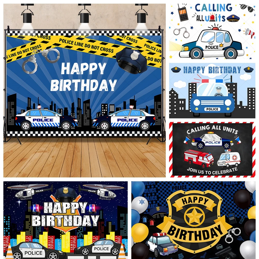 Police Station Car Banner Backdrop Custom Cartoon Car Theme Boy Kid Party Birthday Photography Poster Decor Wall Prop Background