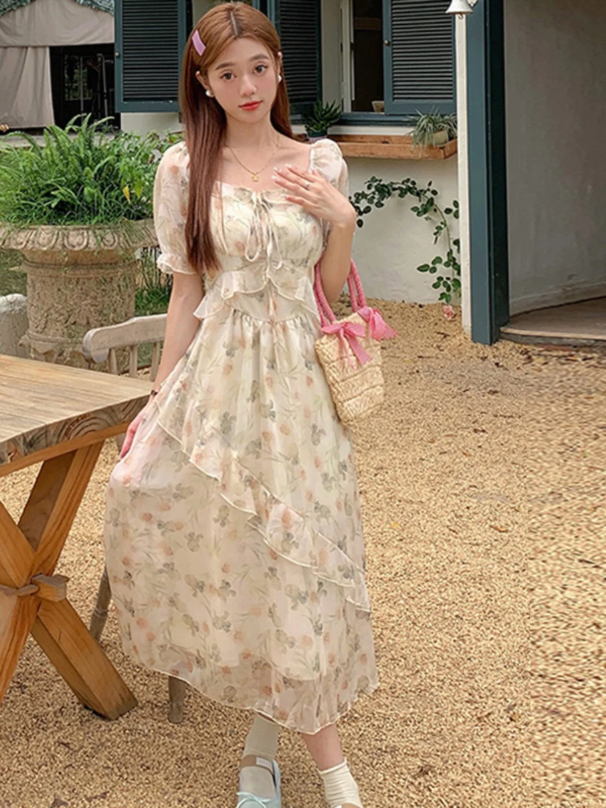 

plus Size Women's Summer Slimming Chiffon Dr with Floral Print And Pleated Hemline Conceals Flaws Ele Long Skirt