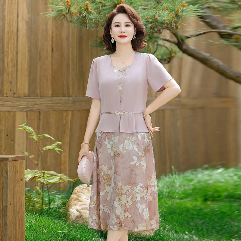 الصيف قصيرة الأكمام عادية فستان بفتحة عنق على شكل v موضة Bodycon فستان الحفلة الراقصة المرأة المرقعة الأزهار وهمية قطعتين فستان ميدي