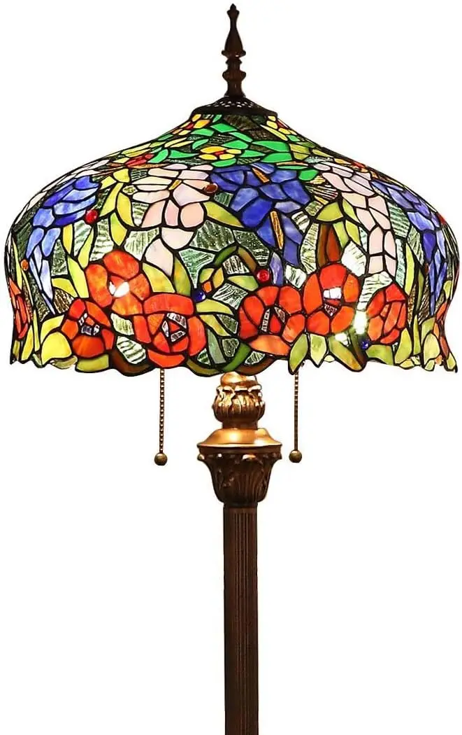 L10574 Wisteria And Rose Flower Tiffany Style Stained Glass Floor Lamp With 16 Inch Wide Shade, 63 Inch Tall