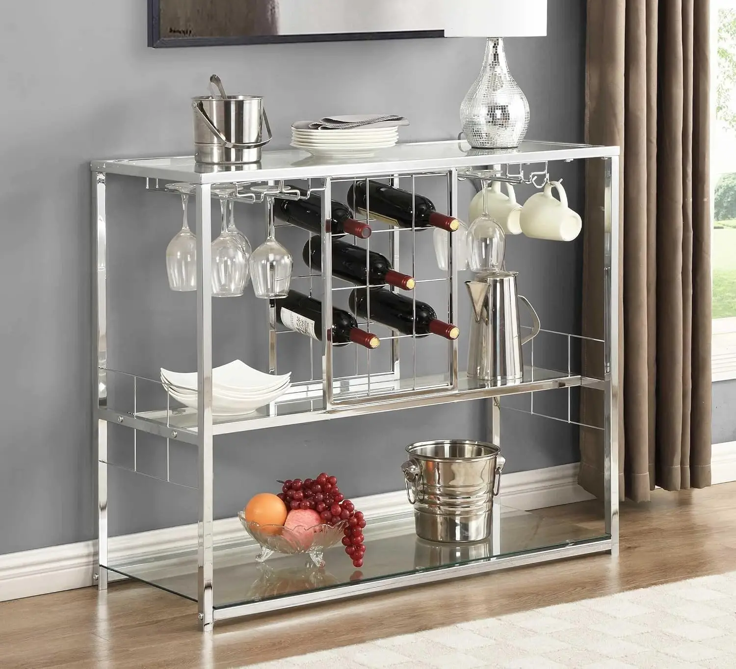 Asya Wine Rack Table With Glass Holder, 3-Tier With Temered Glass Shelves, Modern Liquor Cabinet With Storage For Wine Bar,