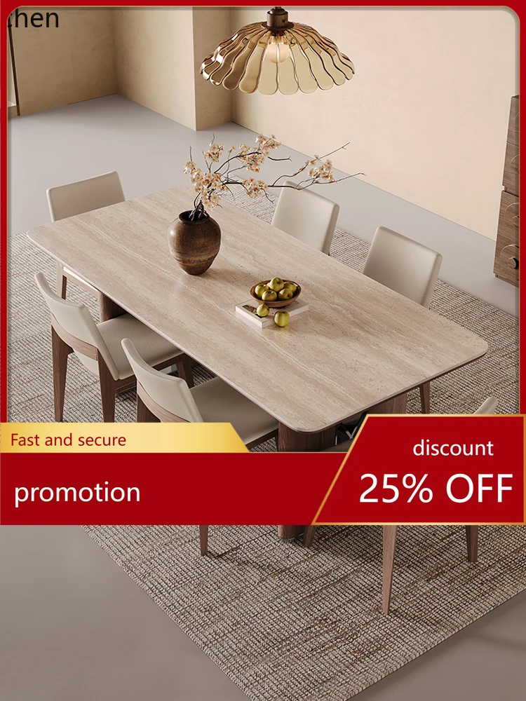 HT solid wood dining table generation simple and high-end small apartment rectangular travertine rock slab dining table