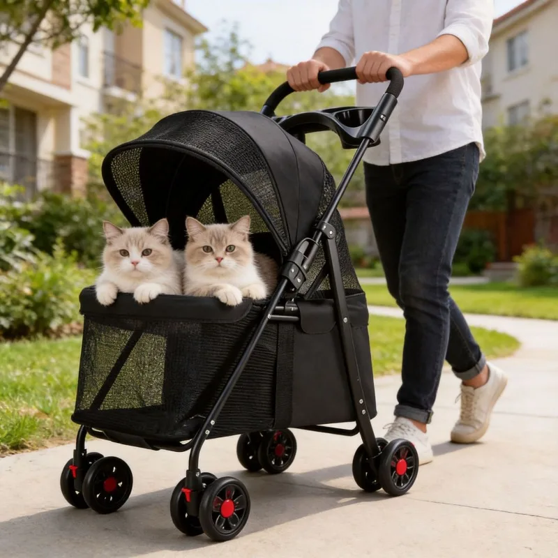 Integrated Folding Pet Stroller with Shock‑Absorbing Wheels Large Space for Medium Small Cats Dogs Outdoor Travel Use