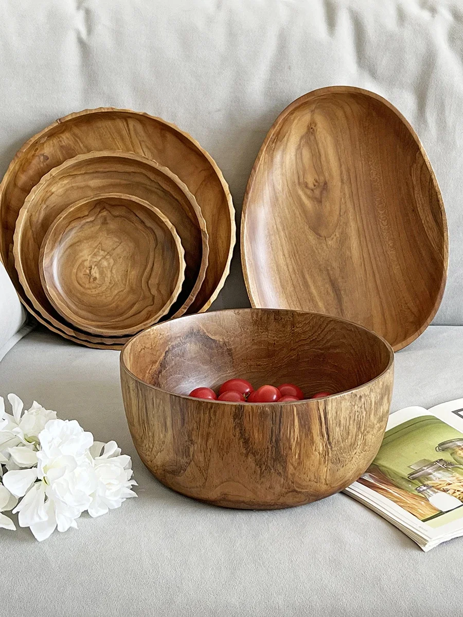 Fruit plate, deep bowl, large capacity solid wood plate, circular salad bowl, wooden tray